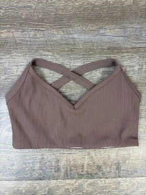 Year of Ours Ribbed Sports Bra Brown Criss Cross Back Stretch Small
